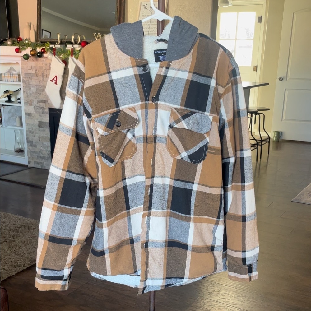 Men's Plaid Shirt Jacket in Tan and Black